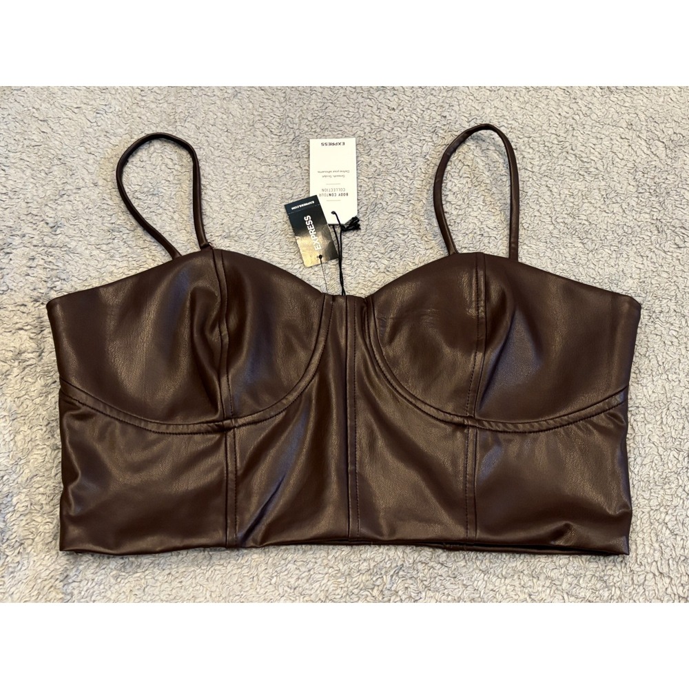 NWT Express Body Contour Collection Brown Faux Leather Crop Top Womens Large